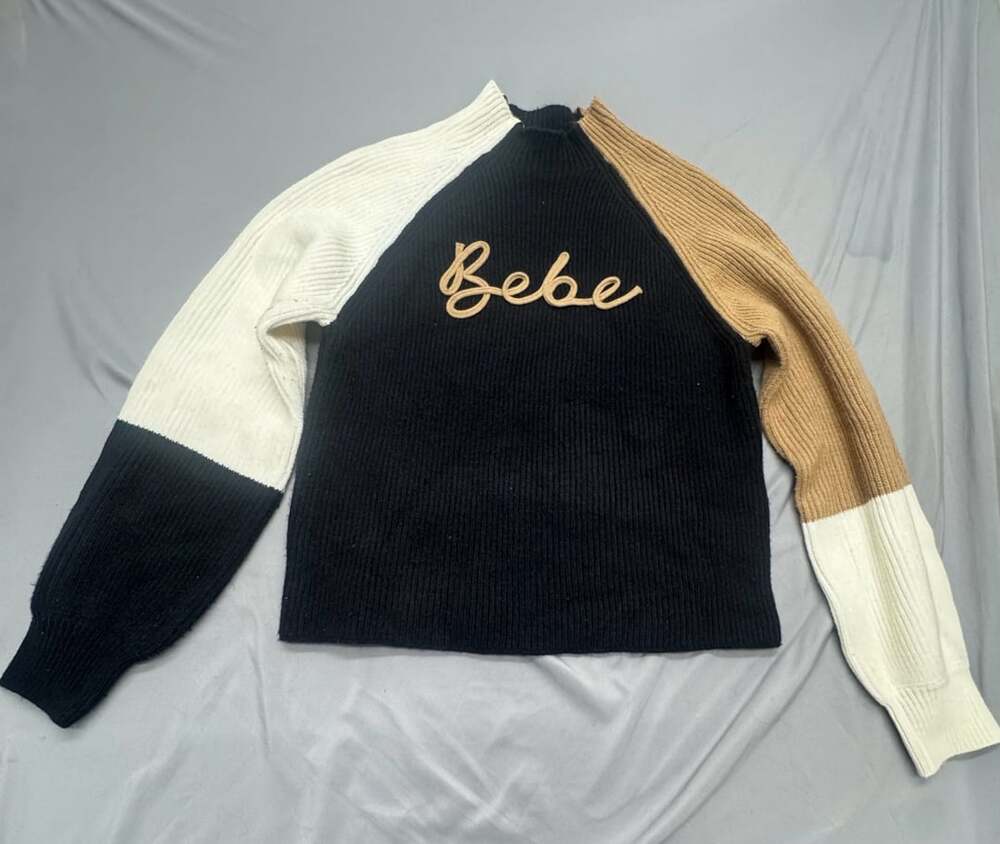 bebe Colorblock Mock Neck Sweater Size L Black Tan White